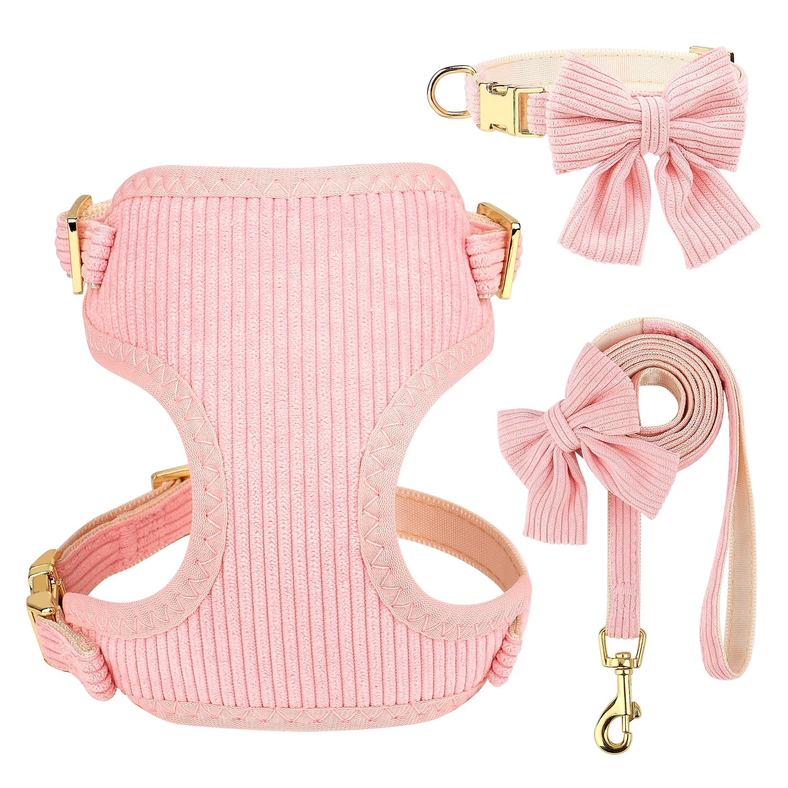 Didog Pink Adjustable Dog Harness, Collar & Leash Set – Soft Mesh Vest with Bowtie for Small Dogs, Puppies & Cats (Size S)