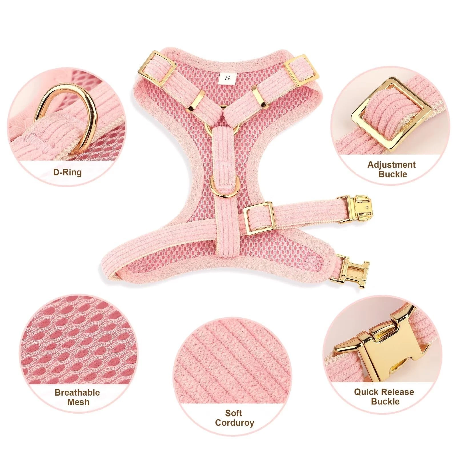 Didog Pink Adjustable Dog Harness, Collar & Leash Set – Soft Mesh Vest with Bowtie for Small Dogs, Puppies & Cats (Size S)